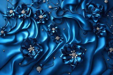 Wall Mural - 3D wallpaper texture, fabric flowers, rhinestones on blue silk background. Celebration 3d background