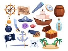 Vector Illustration Pirate Clip Art Collection Set Features A Treasure Trove Of Pirate-themed Objects And Elements, Include A Pirate Ship, Treasure Chest, Skull And Crossbones Flag, Pirate Hat, Etc.