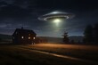 UFO above dark farm with alien craft, illustrated digitally. Generative AI