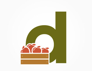 lowercase letter d with apple crate. fruit alphabet logotype. harvest and gardening design