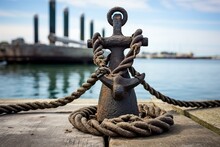 Antique Mooring Anchor And Knot On Pier, Maritime Emblem. Generative AI