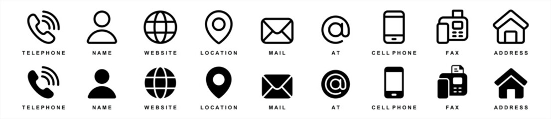 Contact information icon set in line style. Business card, Home, Phone, Location, Address, Website, mail, fax, user simple black style symbol sign for apps and website, vector illustration.