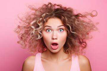 Beautiful stylish young woman with surprised face expression on pink trendy background.