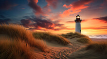 A Lighthouse On Top Of A Sand Dune With Grass