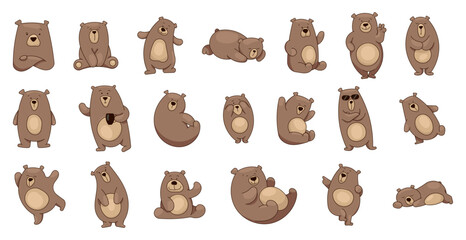 Bear character cartoon. Funny teddy in different pose and activities. Vector drawing. Collection of design elements.