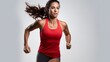 Confident female athlete ready for running, white background, copy space, concept: Training, Running, 16:9