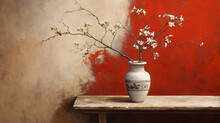 Painting Of A Wall With A Red And White Vase