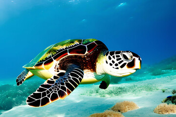 Green sea turtle swimming in the blue sea. Tropical underwater scene. Generative AI