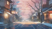 Japanese Street View With Cherry Blossom Trees And Falling Snow Particles. Cartoon Or Anime Painting Illustration Style. Seamless Looping 4K Time-lapse Virtual Video Animation Background.