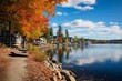 Fall view of Meredith Bay on Lake Winnipesaukee in the historic town of Meredith, New Hampshire. Generative AI
