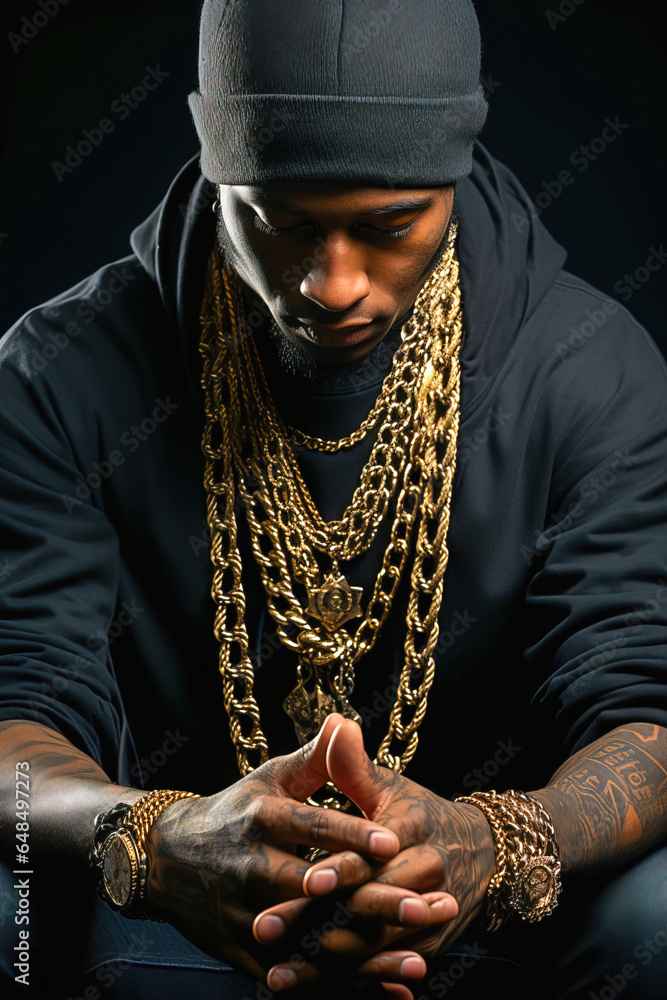 Portrait of an African American rapper with gold chains around his neck ...