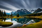 Fototapeta Góry - Panorama of a rocky mountain meadow with larch trees and mountain range in the background- British Columbia, Canada  3d render