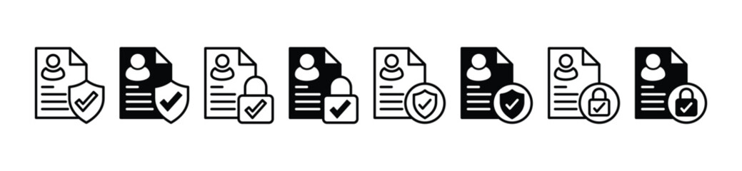 Privacy data security thin line icons. Information protection icon symbol. Personal data or info with shield protection, padlock and check mark icon symbol. Vector illustration