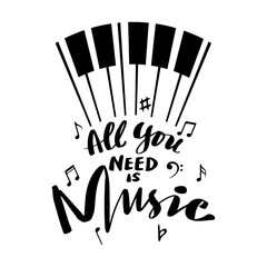 All you need music, hand lettering. Poster motivational quote.