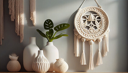 Wall Mural -  Creative hobby handmade macrame for home decoration with white and minimalist background, Ai generated image 