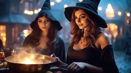 Two woman witches crafting magic potions in their cauldrons at Halloween festival, Halloween concept.