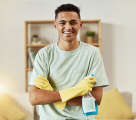 Canvas Print - Cleaner, man in portrait and chemical with arms crossed, happy and hygiene with housekeeping, detergent and gloves. Janitor, cleaning solution in bottle with smile and professional housekeeper