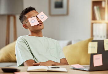 Poster - Education, sticky notes and a man student sleeping at his desk in the bedroom while learning for school. Burnout, tired and exhausted with a young university or college pupil asleep in his home