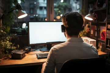Back view of a man using a computer