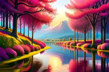 Wall Mural - A river of colourfull flowers  3d render 