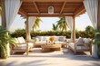 © Lysandra - Outdoor setting with furniture, gazebo, palm trees, and sunny veranda. 3D rendering. Generative AI