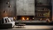 Loft style interior design of minimalist living room with fireplace and concrete walls.