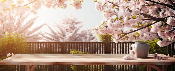 Wall Mural - Cherry blossom serenity. Nature pink canopy. Springtime elegance. Sakura blossoms in full bloom. Woodland beauty. Empty table setting for place product