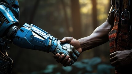 Wall Mural - a robot and a human shake hands
