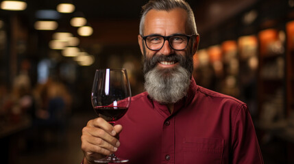 A wine connoisseur holds a goblet of wine in his hand