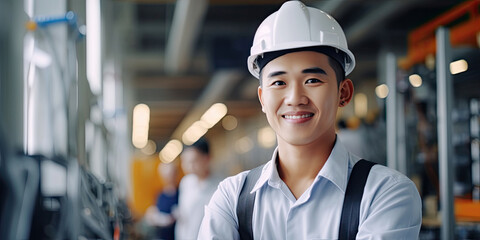 Wall Mural - Happy engineer Asian worker working in factory portrait smile standing arm fold confidence look