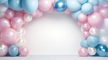 Empty Frame Balloon Arch Background In Pastel Light Colors, Balloons Party Backdrop Template With Copy Space For Text. 