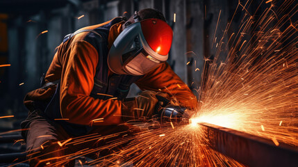 Wall Mural - Industrial worker welding metal with many sharp sparks