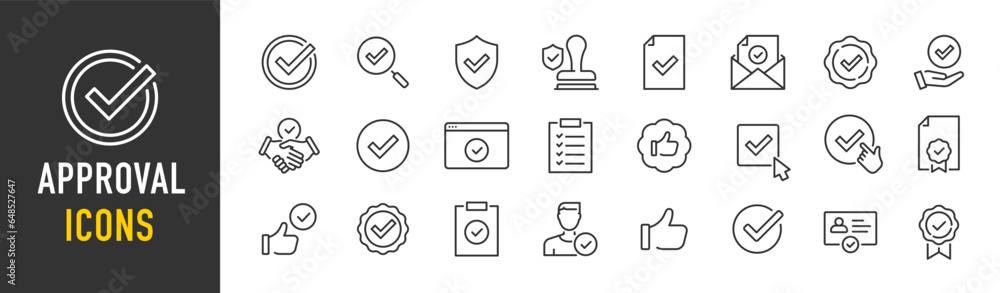 Approval web icons in line style. Thumpb up, check mark, approve ...