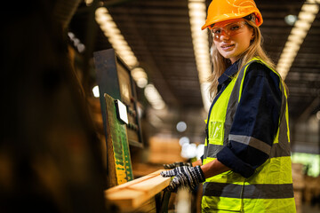 Factory engineer woman standing confident to control panel switch. Worker works at heavy machine at industry factory. worker checking timber of raw wood material. smart industry worker operating.