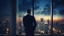 businessman watching a future through his office window, concept background