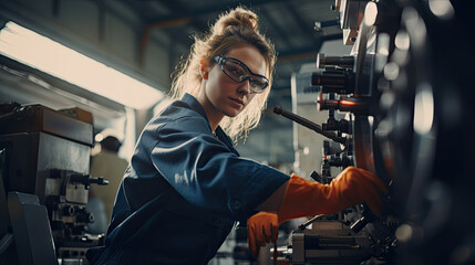 Wall Mural - workers wearing safety goggles control lathe machines to drill components. metal lathe industrial ma