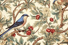 Vintage Birds In Foliage Seamless Pattern On Light Beige Background In William Morris Style. Generative AI