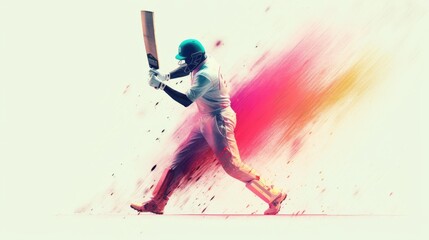 Wall Mural - Action moment of a cricket player hits a ball in the style of speed painting. Colorful poster art on white canvas. Generative AI