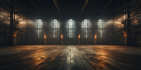 Wall Mural - Empty large and old factory building with large windows and sunrays