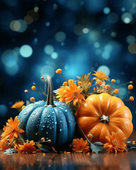 Copy space, banner, template. Floral Thanksgiving arrangement with pumpkin on blurry background.