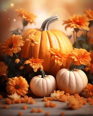 Floral Thanksgiving arrangement with pumpkin on blurry background.