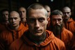 Group of tattooed convicts looking at camera and wearing orange prisoner suits