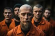 Group of tattooed convicts looking at camera and wearing orange prisoner suits