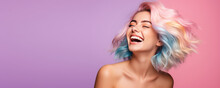Young Beautiful Smiling Happy Woman With Rainbow Colored Wavy Hair Isolated On Flat Purple Background With Copy Space, Banner Template Of Creative Hair Coloring.