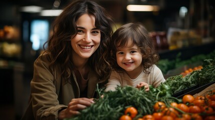 Family in the supermarket. Beautiful young mom and her little daughter smiling and buying food. The concept of healthy eating. Harvest