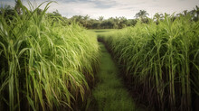 Field Of Tall Green Sugar Cane Plants Two Generative AI