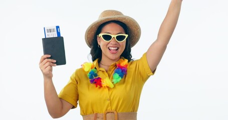 Sticker - Ticket passport, excited and woman dance, pointing for flight and summer holiday in studio isolated on a white background mockup space. Sunglasses, travel hat and happy person celebrate vacation.