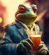 there is a statue of a frog holding a glass of beer Generative AI