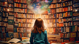 Fototapeta Fototapety kosmos - Child in a library, surrounded by books, a universe of stories waiting to be explored