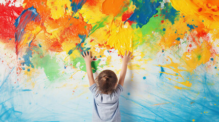 child dipping fingers in paint, creating a vibrant mural of handprints on canvas
